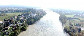 View of Ptuj and the high water level of the Drava river